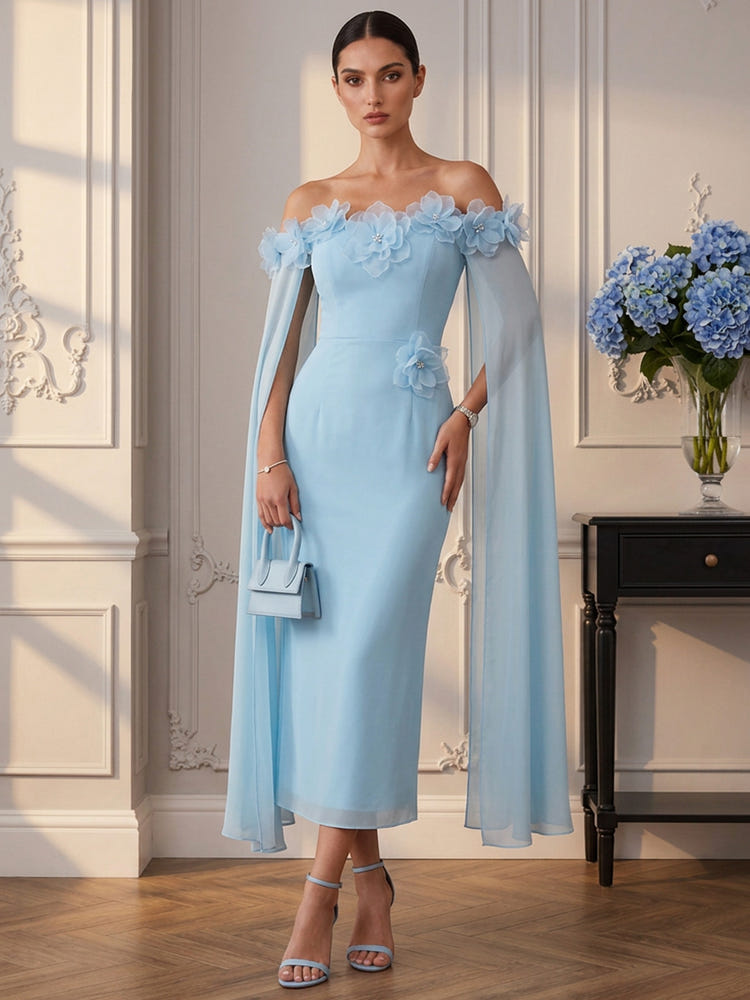 Chiffon Sheath Off Shoulder Cocktail Dresses with 3D Flowers