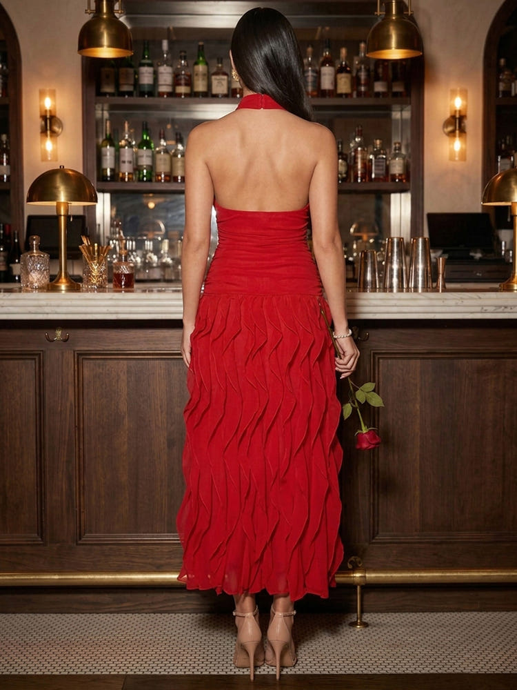 Chiffon A-Line High Neck Halter Cocktail Dresses with Ruffles