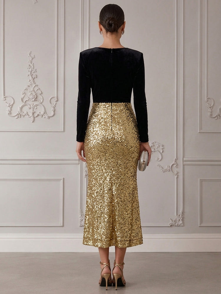 Sequins Mermaid V Neck Cocktail Dresses with Velvet Bodice