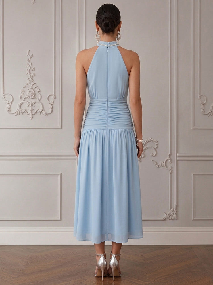 Chiffon A-Line High Neck Cocktail Dresses with Wide Defined Waistband