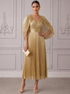 Metallic Foil Chiffon A-Line V Neck Cocktail Dresses with Cape