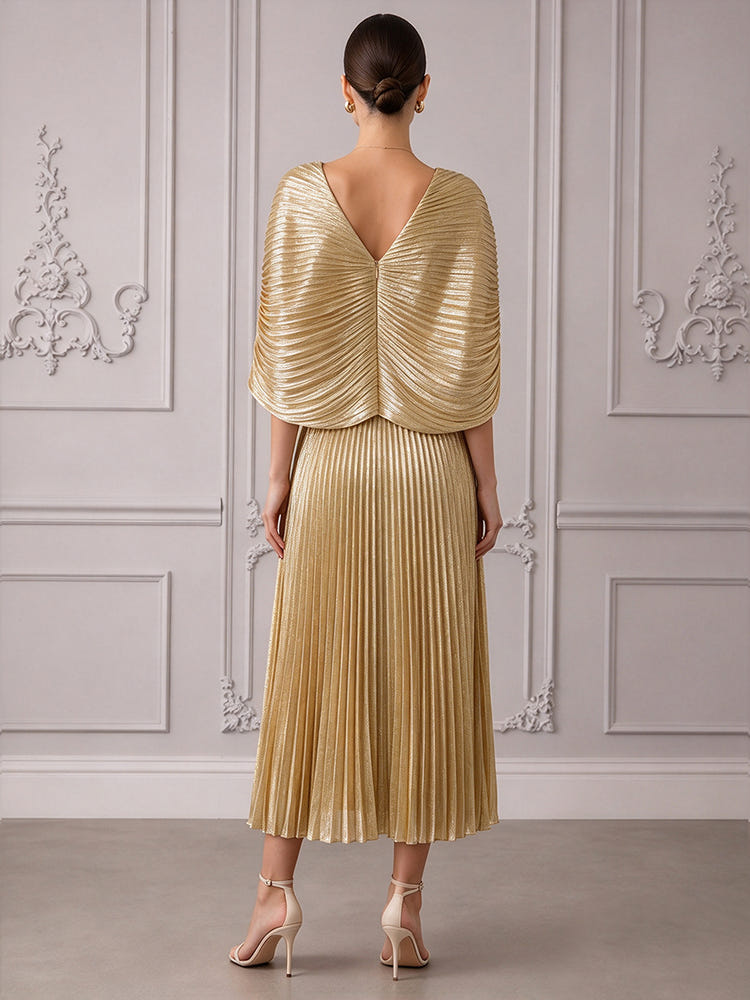 Metallic Foil Chiffon A-Line V Neck Cocktail Dresses with Cape