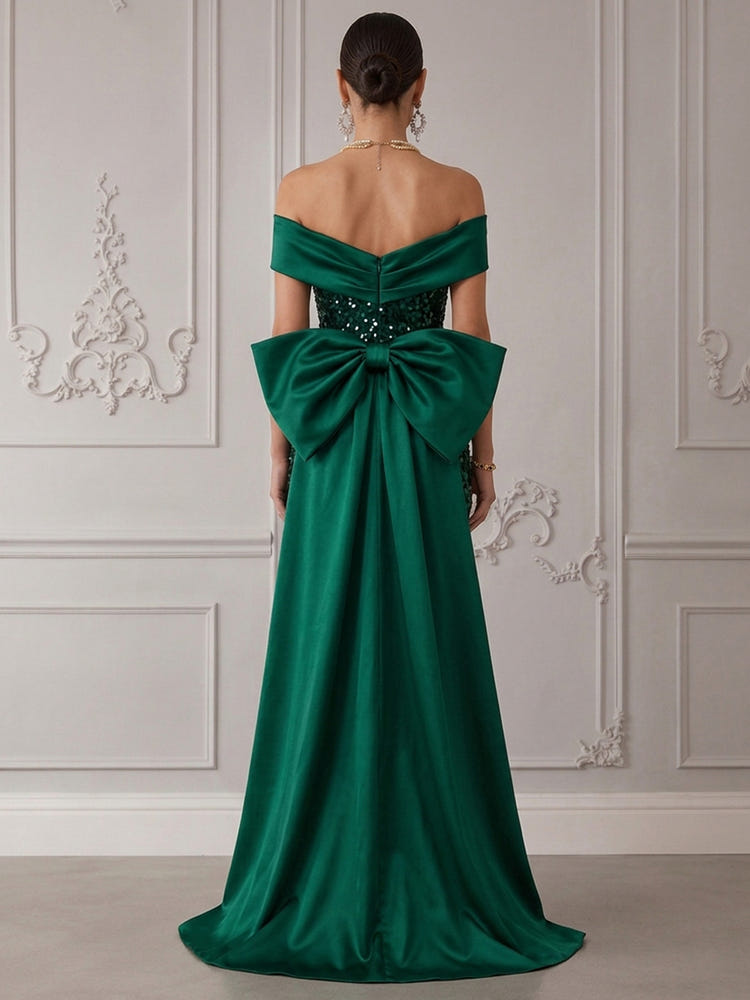 Sequins Mermaid Off Shoulder Cocktail Dresses with Oversized Bow