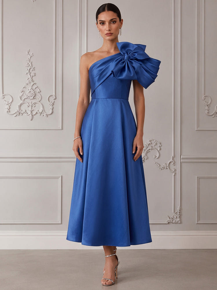 Satin A-Line One Shoulder Cocktail Dresses with Oversized Bow