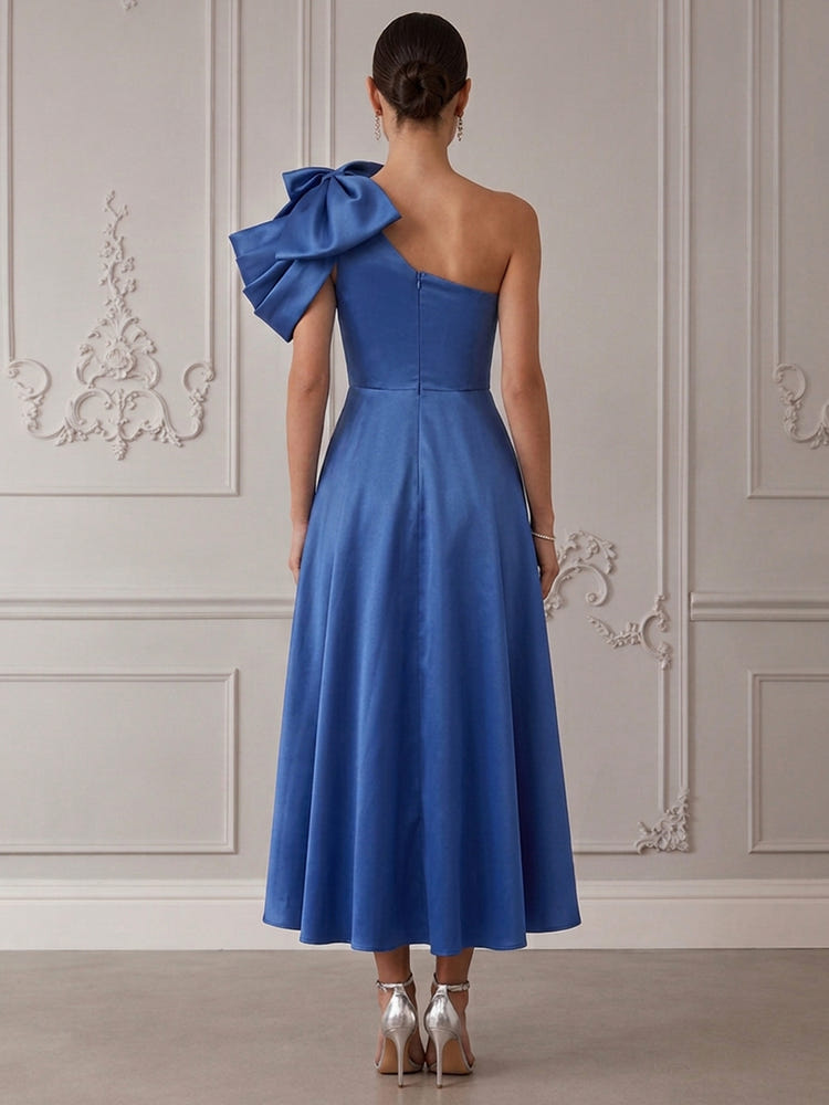 Satin A-Line One Shoulder Cocktail Dresses with Oversized Bow