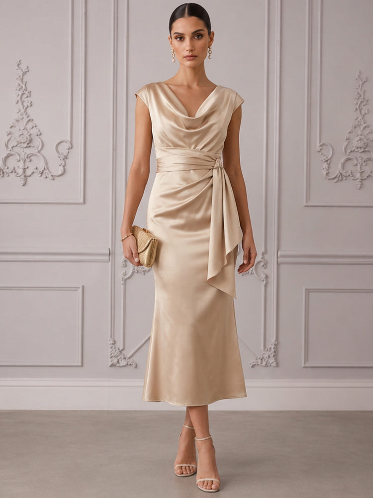 Satin Mermaid Cowl Neck Cocktail Dresses with Draped Side Sash