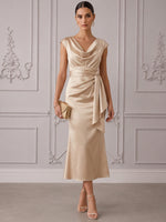 Satin Mermaid Cowl Neck Cocktail Dresses with Draped Side Sash