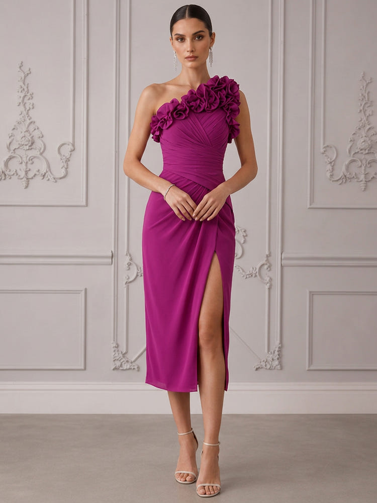 Jersey Sheath One Shoulder Cocktail Dresses with 3D Flowers
