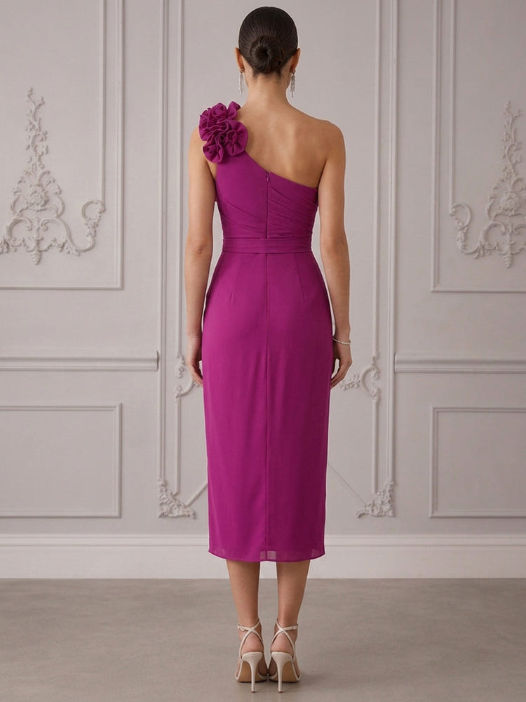Jersey Sheath One Shoulder Cocktail Dresses with 3D Flowers