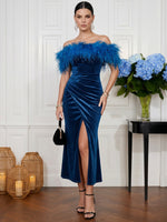 Velvet Mermaid Off Shoulder Cocktail Dresses with Feathers