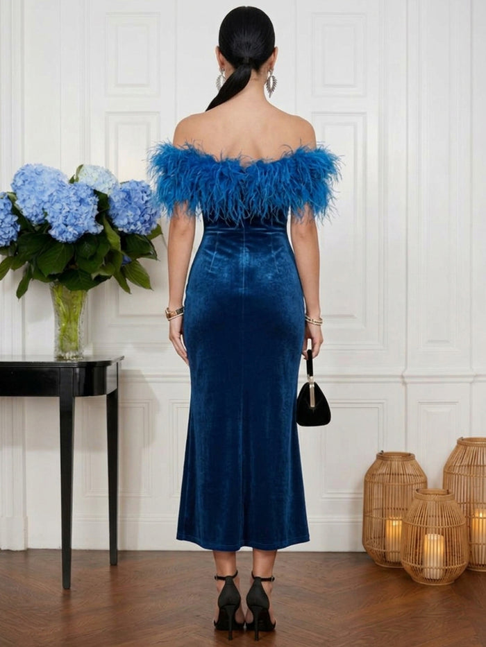 Velvet Mermaid Off Shoulder Cocktail Dresses with Feathers
