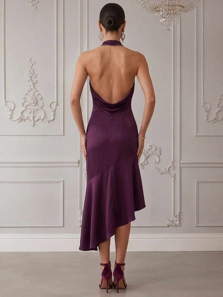 Satin Mermaid Halter Cocktail Dresses with Asymmetrical Hem