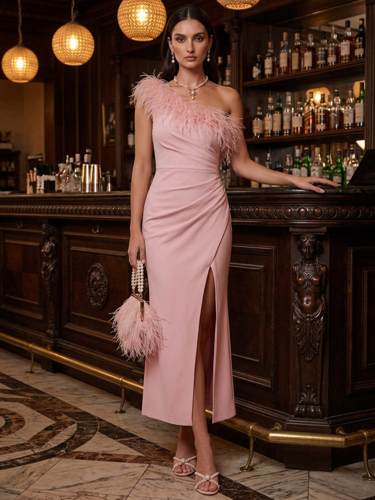 Chiffon Mermaid One Shoulder Cocktail Dresses with Feathers