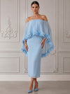 Chiffon Sheath Off Shoulder Cocktail Dresses with Sheer Chiffon Flowing Cape