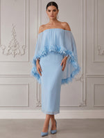 Chiffon Sheath Off Shoulder Cocktail Dresses with Sheer Chiffon Flowing Cape