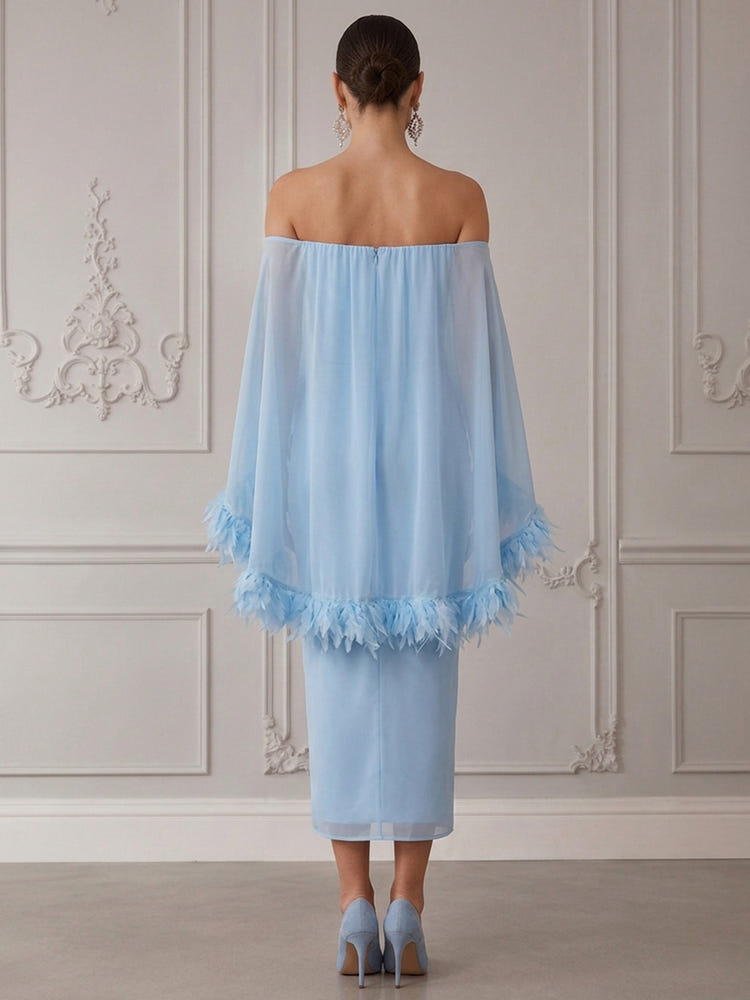 Chiffon Sheath Off Shoulder Cocktail Dresses with Sheer Chiffon Flowing Cape