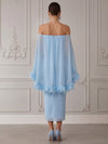Chiffon Sheath Off Shoulder Cocktail Dresses with Sheer Chiffon Flowing Cape