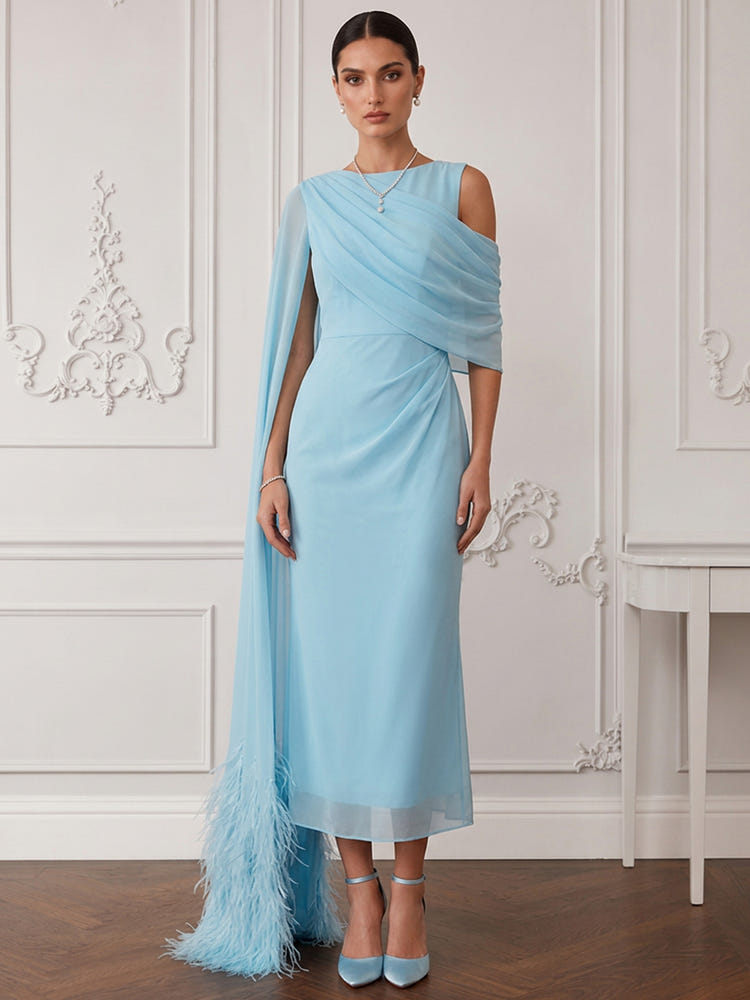 Chiffon Sheath Boat Neck Cocktail Dresses with Sheer Chiffon Flowing Cape