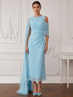 Chiffon Sheath Boat Neck Cocktail Dresses with Sheer Chiffon Flowing Cape