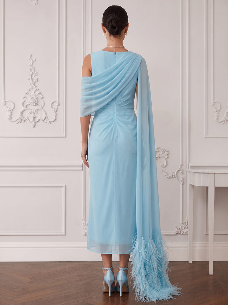 Chiffon Sheath Boat Neck Cocktail Dresses with Sheer Chiffon Flowing Cape