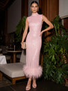 Sequins Sheath High Neck Cocktail Dresses with Natural Feather Fringe Hem