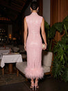 Sequins Sheath High Neck Cocktail Dresses with Natural Feather Fringe Hem