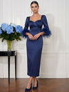 Satin Sheath Square Neck Cocktail Dresses with Feathers