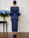 Satin Sheath Square Neck Cocktail Dresses with Feathers
