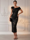 Sequins Mermaid Asymmetric Neck Cocktail Dresses with Feathers