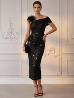 Sequins Mermaid Asymmetric Neck Cocktail Dresses with Feathers