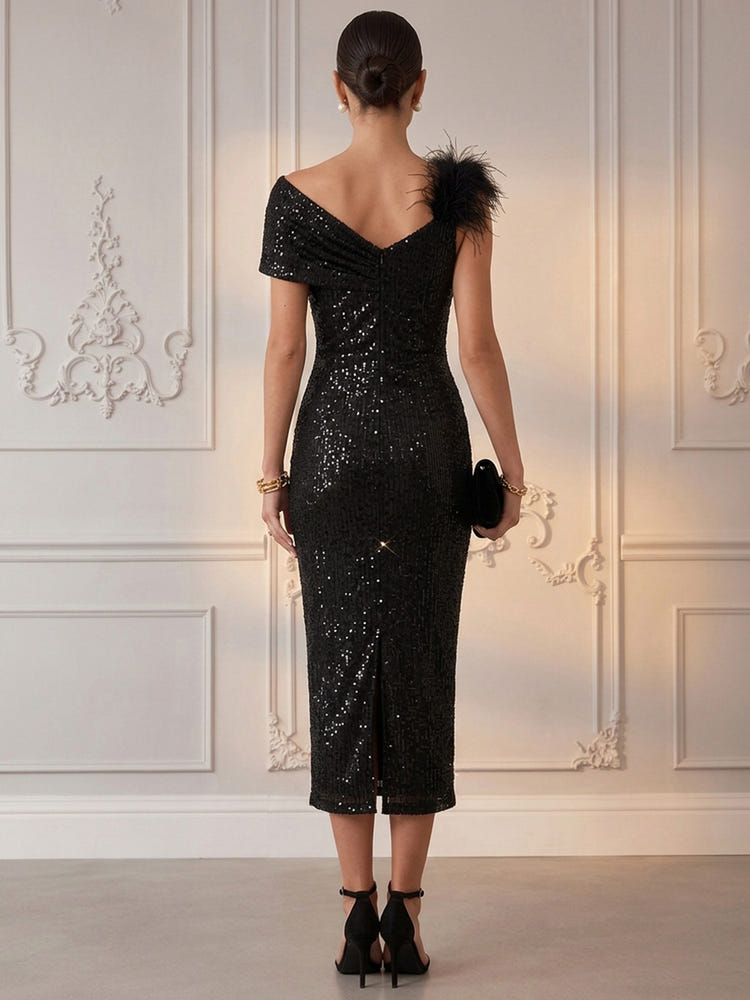 Sequins Mermaid Asymmetric Neck Cocktail Dresses with Feathers