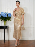 Sequins Sheath V Neck Cocktail Dresses with Pleated