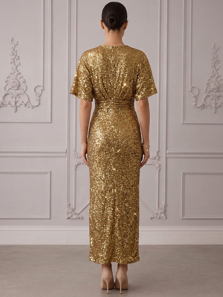 Sequins Sheath V Neck Cocktail Dresses with Pleated