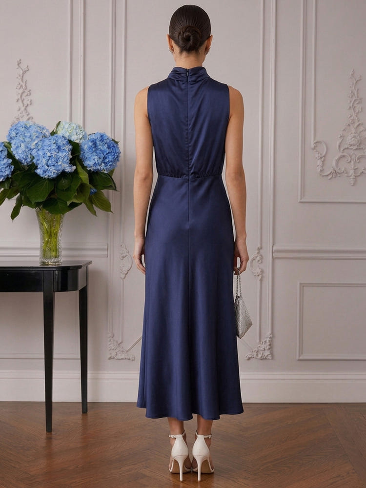 Satin A-Line High Neck Cocktail Dresses with Cowl Draped