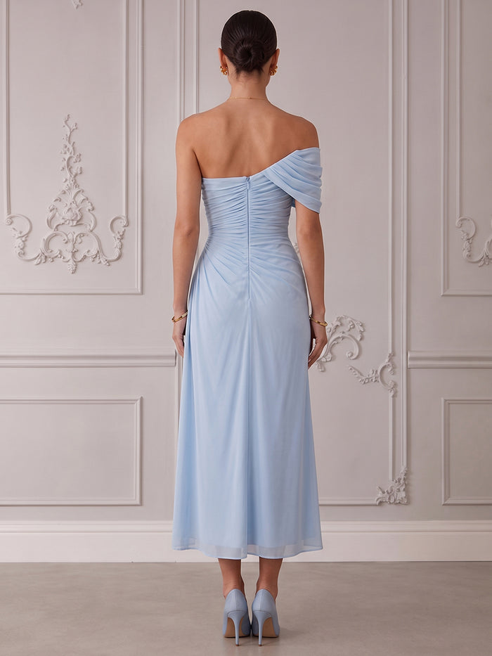 Chiffon A-Line Off Shoulder Cocktail Dresses with Side Waist Ruched