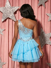Tulle A-Line One Shoulder Homecoming Dresses with Rhinestone
