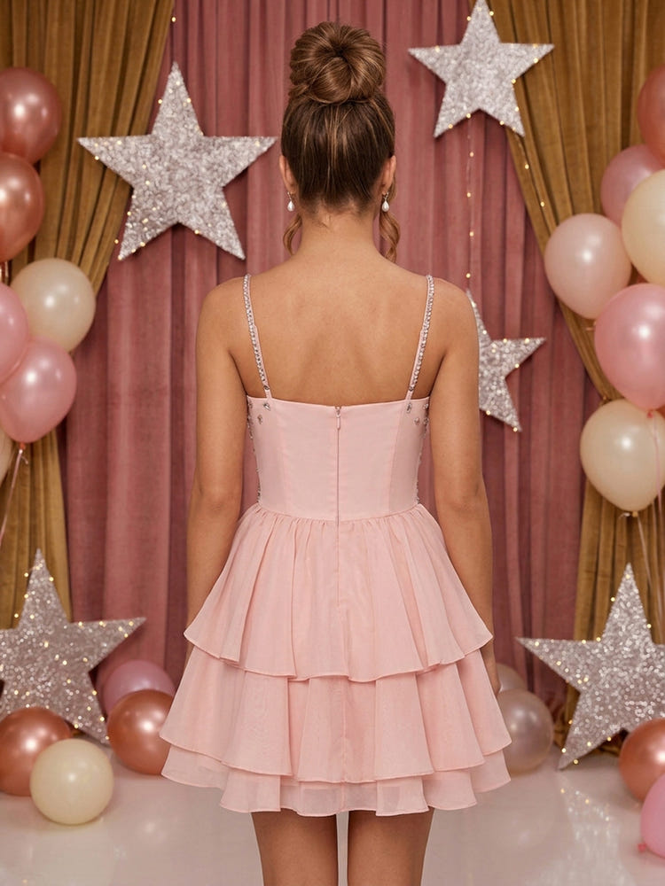 Chiffon A-Line Spaghetti Straps Homecoming Dresses with Rhinestone