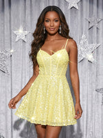 Sequin A-Line Spaghetti Straps Glitter Homecoming Dresses