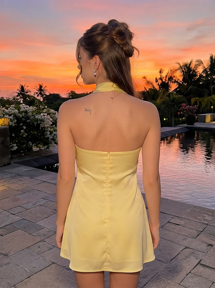 Satin Sheath Halter Homecoming Dresses with Keyhole