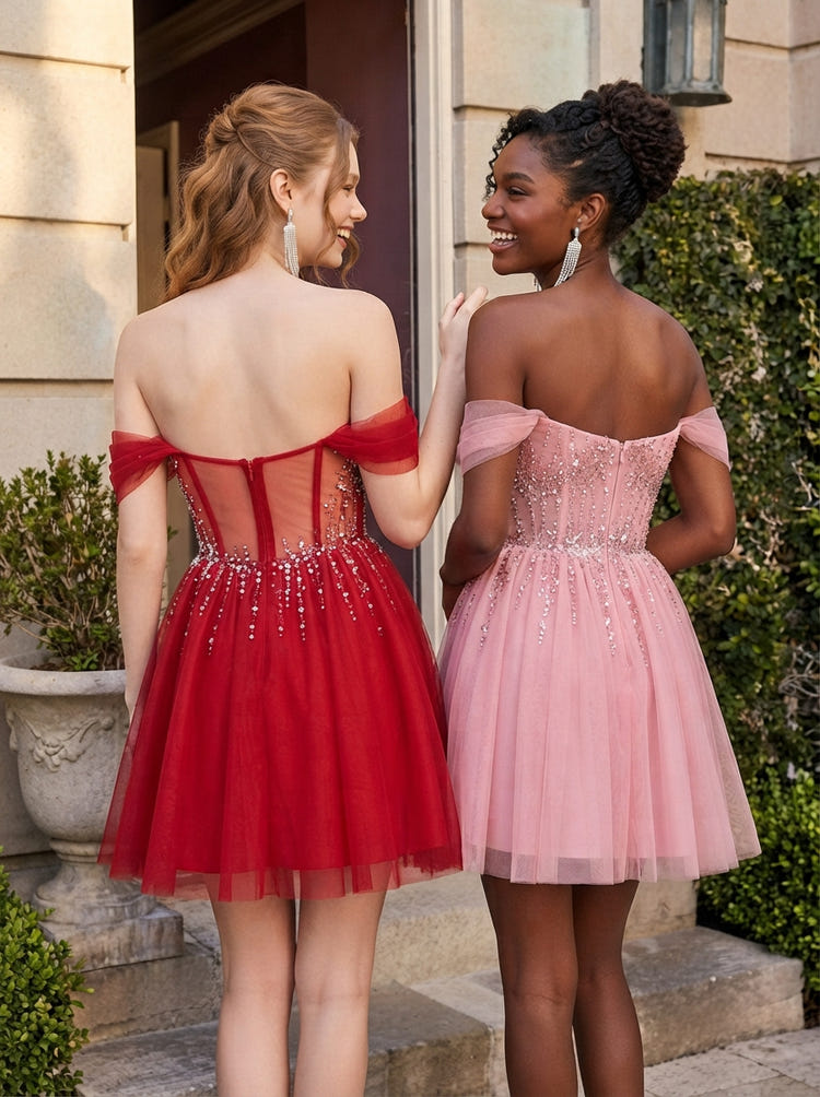 Tulle A-Line Off Shoulder Homecoming Dresses with Rhinestone