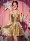 Metallic Satin A-Line Halter Homecoming Dresses with Delicate Pleated