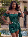 Sequin Bodycon Off Shoulder Homecoming Dresses with Sash