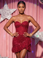 Laces Bodycon Strapless Homecoming Dresses with Asymmetrical Ruffle Hem