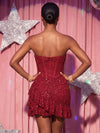 Laces Bodycon Strapless Homecoming Dresses with Asymmetrical Ruffle Hem