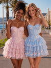 Tulle A-Line Strapless Homecoming Dresses with Floral Print