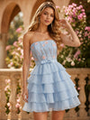 Chiffon A-Line Strapless Homecoming Dresses with Floral Embroidery