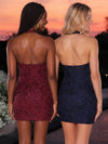 Satin Bodycon Halter Homecoming Dresses with Sequin Embroidery