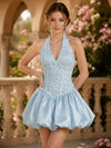 Satin Ball Gown Halter Homecoming Dresses with Floral Embroidery