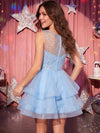 Tulle A-Line Crew Neck Homecoming Dresses with Full Beaded Rhinestone