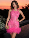 Sequin Bodycon Halter Homecoming Dresses with Double-Layer Ruffled Tulle Hem